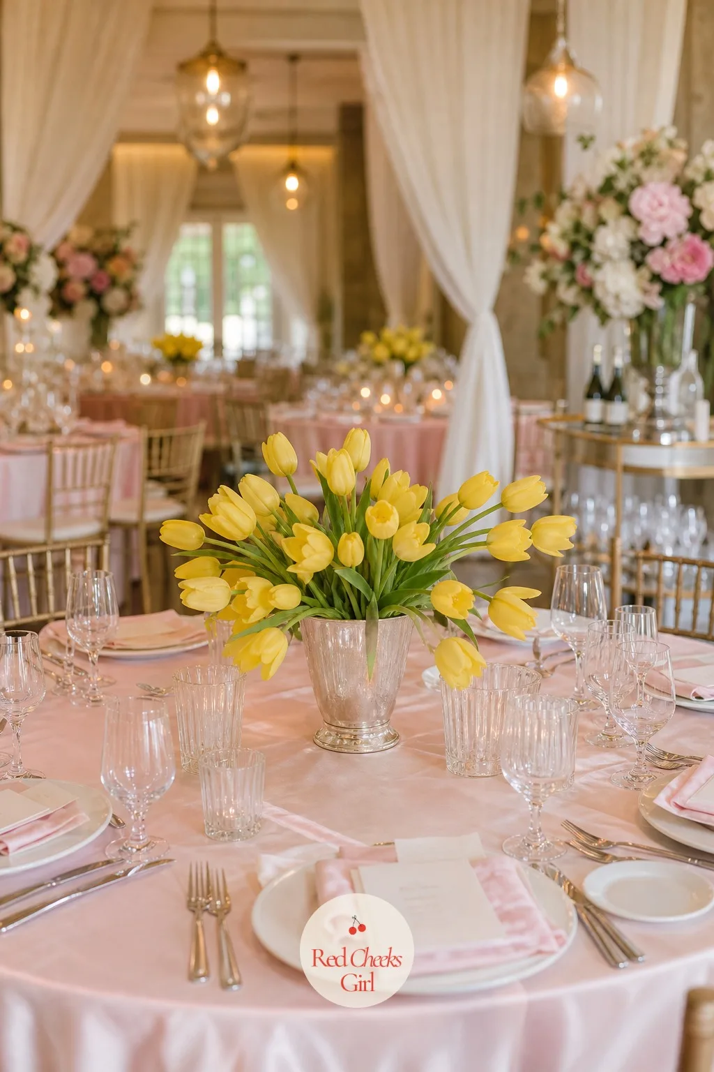 Single Variety Tulip Bunches in Silver Julep Cups — A centerpiece that towers over the table stops two people from talking across it. Tulip wedding theme