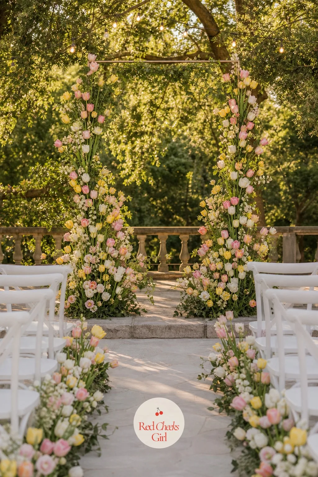 Tulip Arch That Looks Like It's Growing There — A floral arch can look like a florist's invoice standing upright. Tulip wedding theme