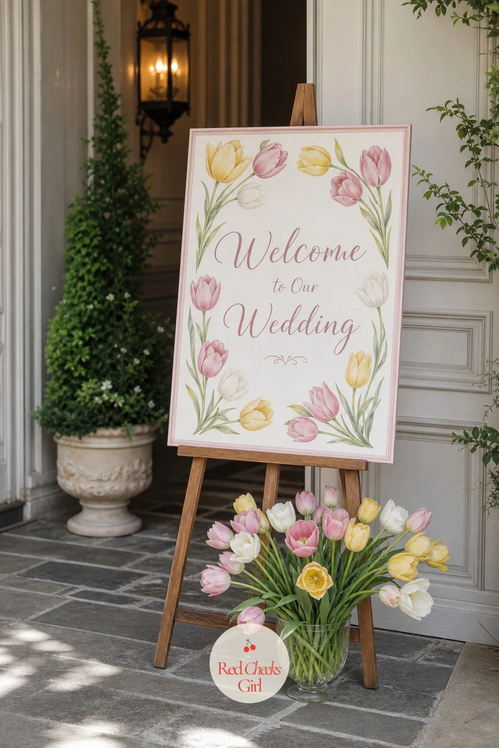 A Tulip Painted Welcome Sign at the Door — Guests need to know within three seconds that they are in the right place. Tulip wedding theme