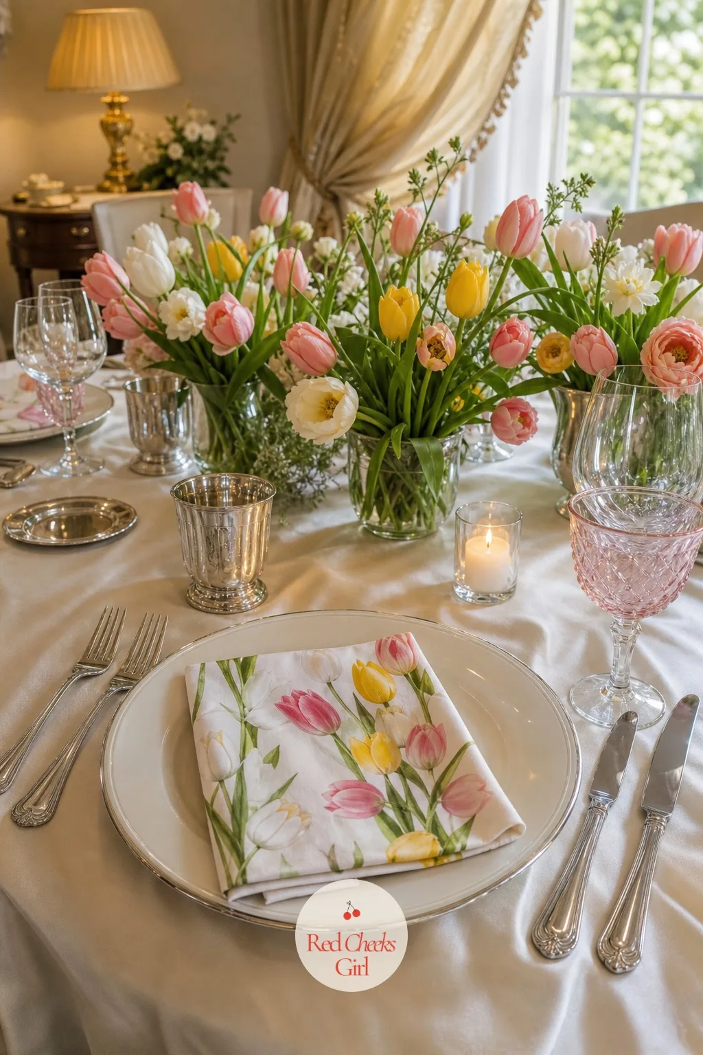 Tulip Print Napkins at Every Place — A plain napkin disappears the moment it is set down. Tulip wedding theme