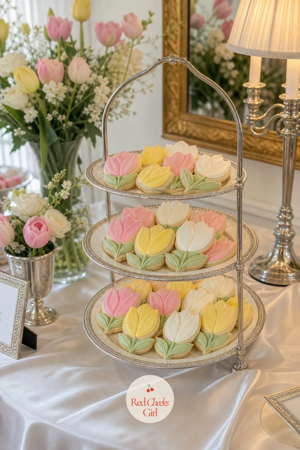 Tulip Shaped Sugar Cookies on the Dessert Table — A dessert table with only the cake on it looks unfinished once the plates start emptying. Tulip wedding theme