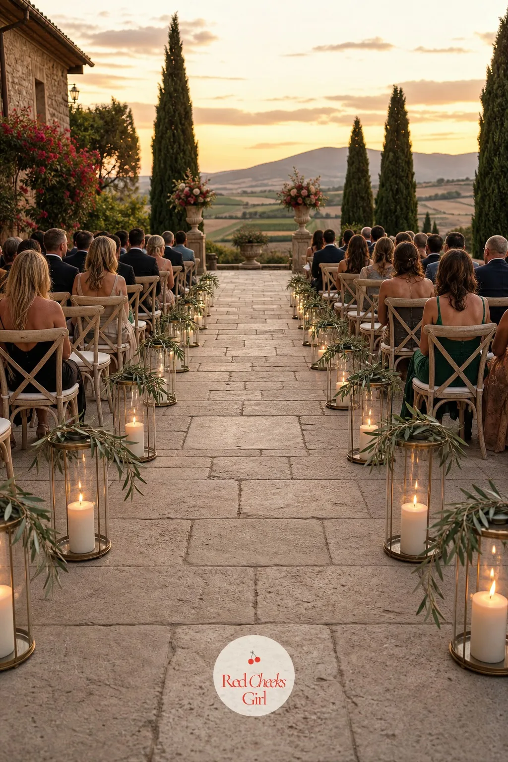 The Aisle Lined With Olive Branches and Lanterns — Before the arch, there is the walk toward it, and an empty aisle on bare stone reads as unfinished. Tuscan