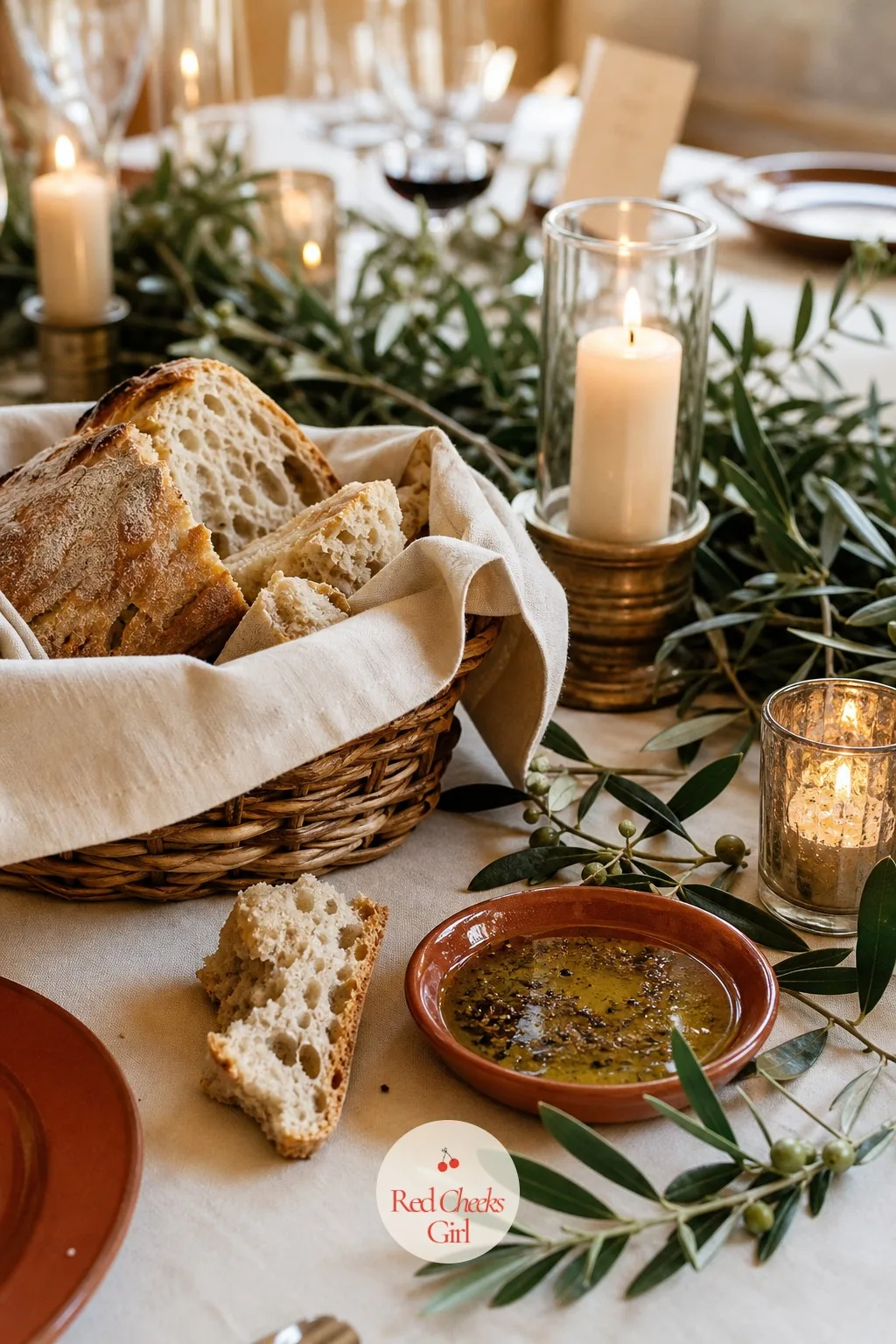 Bread Baskets and Olive Oil for the Table — A family-style dinner is not complete without bread on the table before the first course arrives, and in this theme