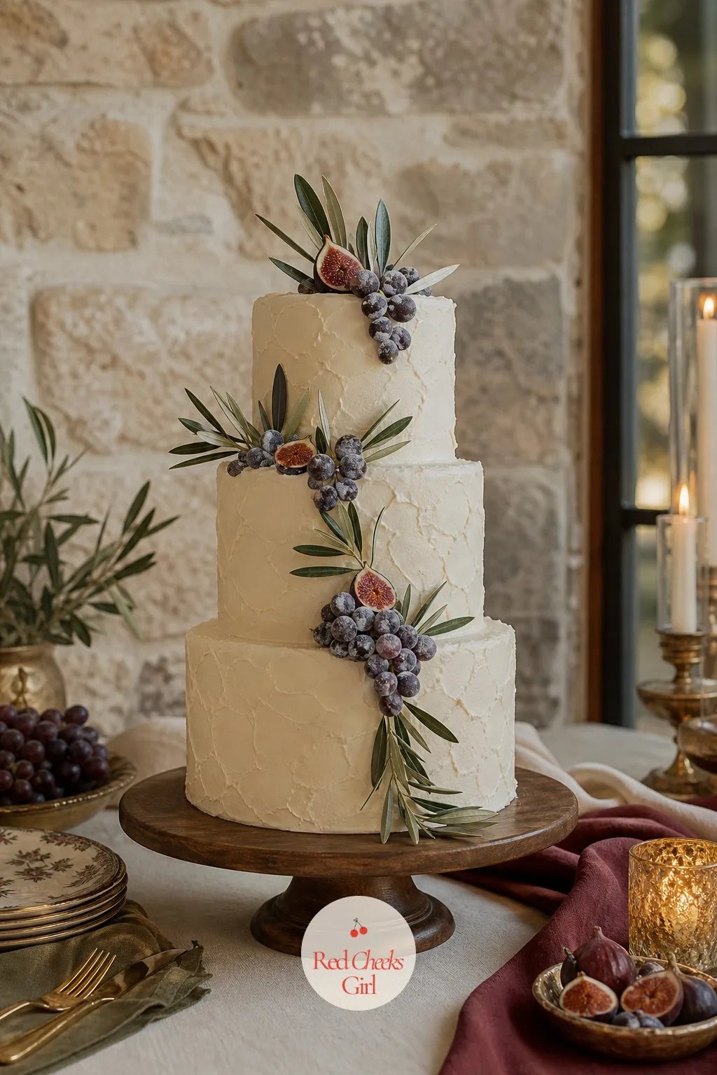 The Cake With Sugared Fruit and Olive Leaves — She would say no to anything that looks too perfect for this theme, and the cake agrees: a two or three tier