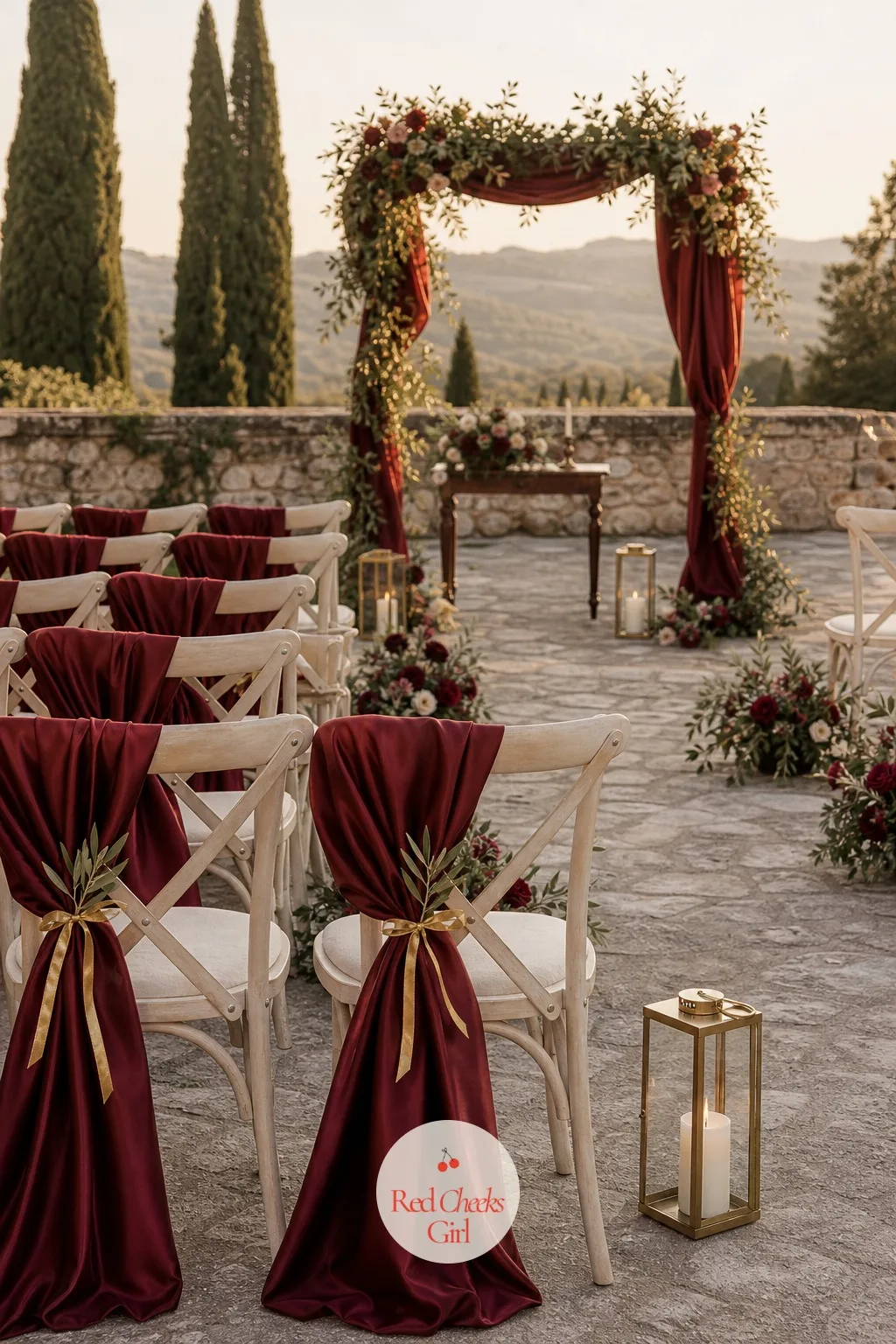 Ceremony Seating in Wine Red and Gold — Rows of plain chairs can make even the prettiest arch look like a conference room, so the fix lives in the sashes, not