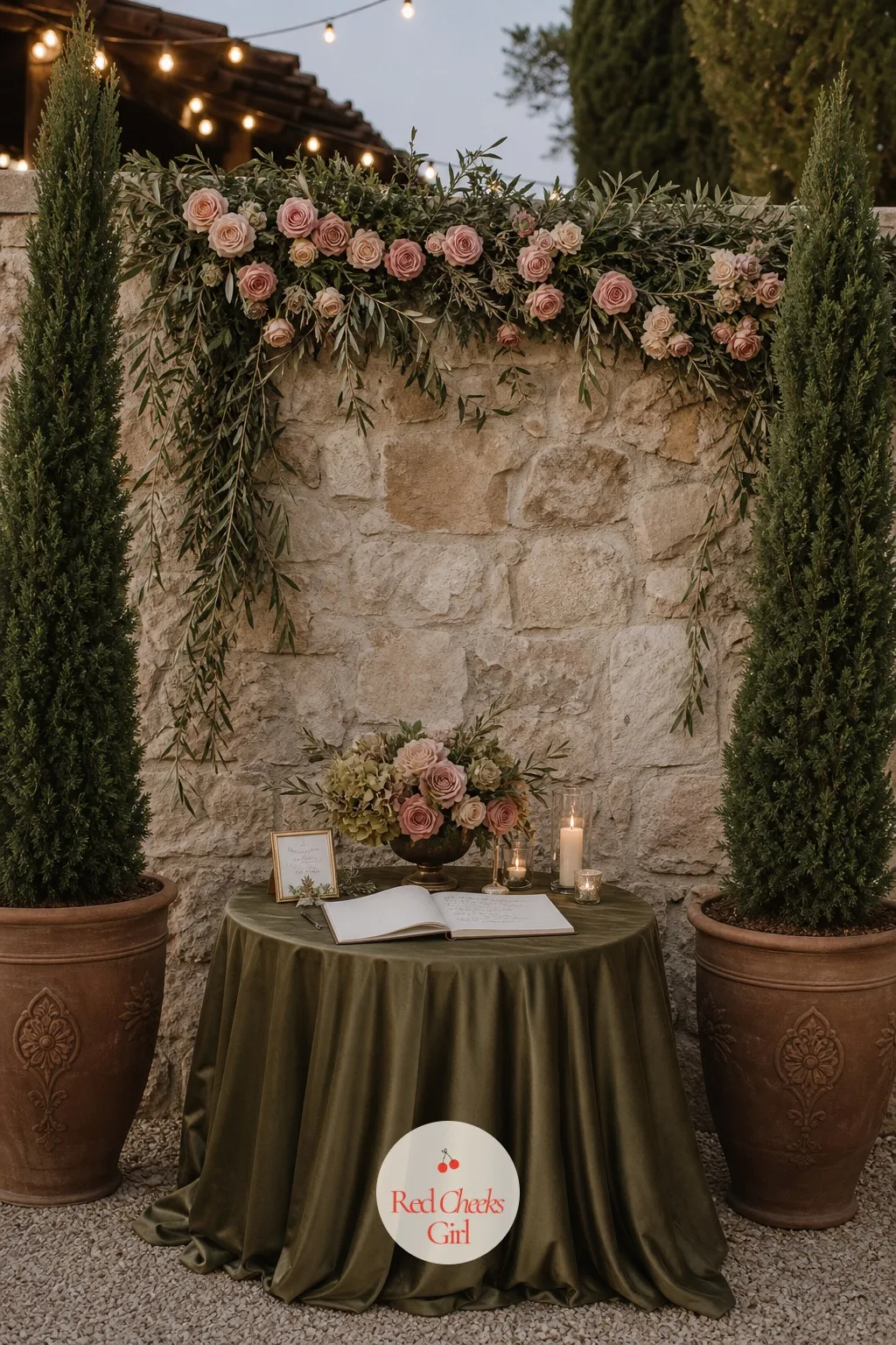 A Cypress and Stone Photo Backdrop — Somewhere during cocktail hour, people want a place to take a photo that is not the bar, and it should not be a bare wall.