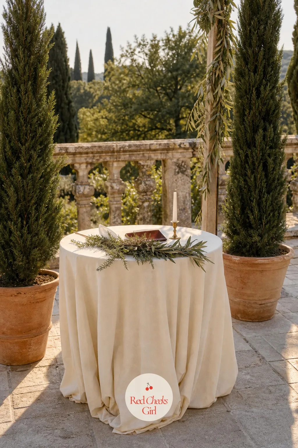 A Cypress-Framed Table for the Rituals — Somewhere near the arch, a small table holds whatever ritual the two of them have planned, a unity candle, a sand