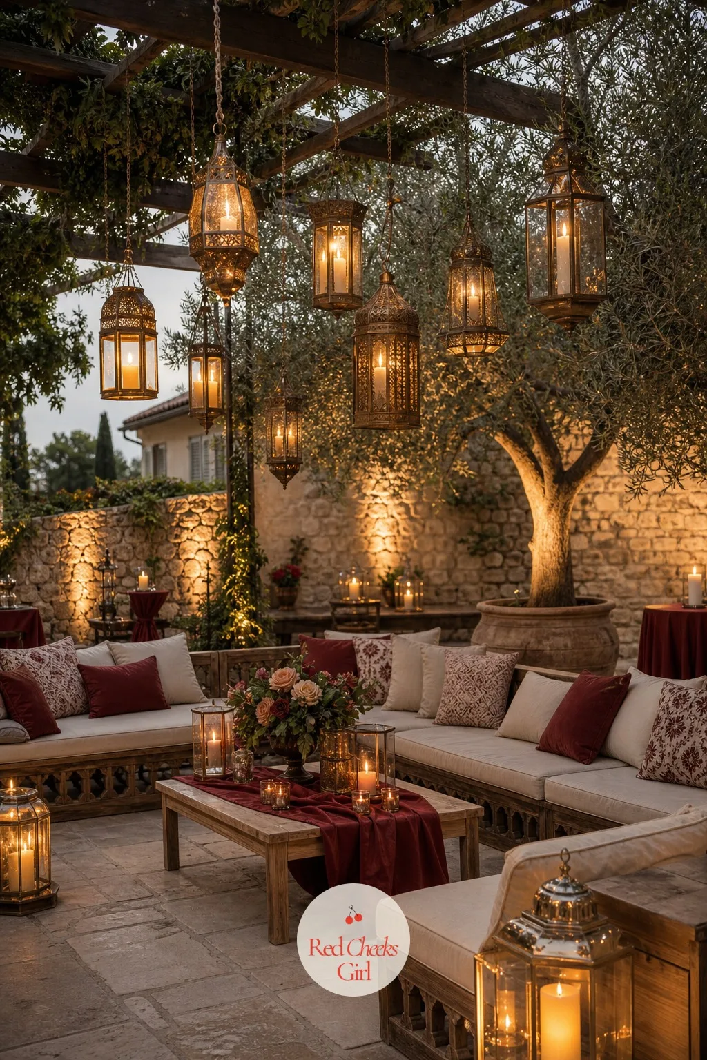 A Lantern-Lit Lounge for Cocktail Hour — Once there is food and wine, guests need somewhere to actually sit with it, and a corner of low seating does more for