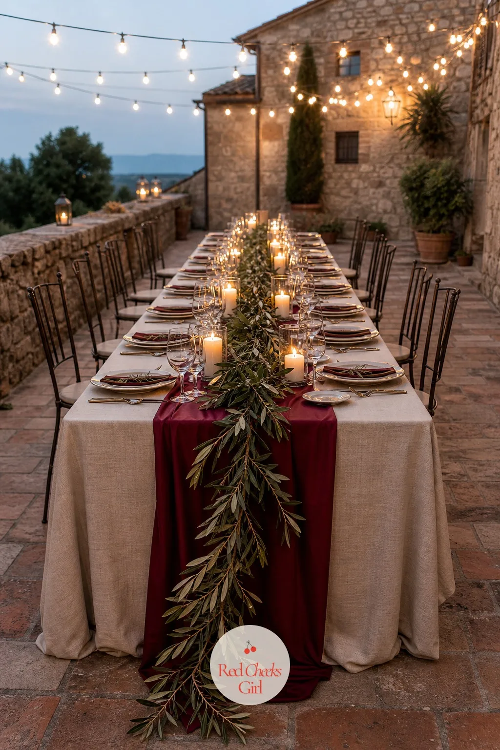 Long Tables Dressed With Olive Branch Runners — The whole point of a family-style dinner is one long table instead of ten round ones, so the runner has to