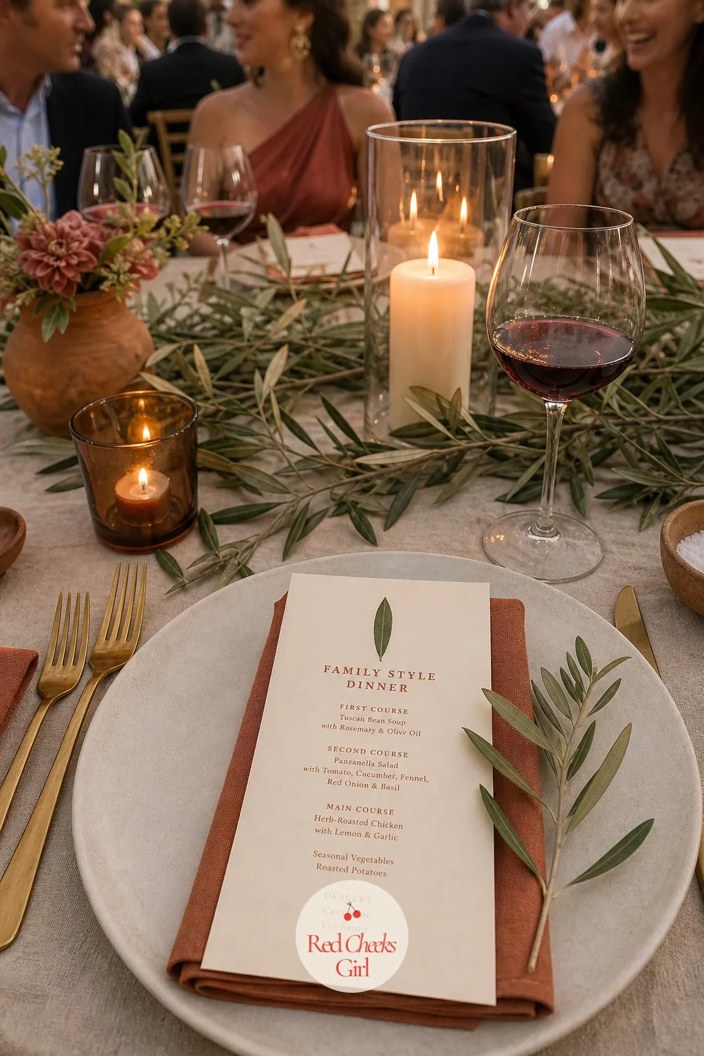 Menu Cards Pressed With a Real Olive Leaf — She wants every guest to know what they are eating without a printed list looking like an afterthought, and this