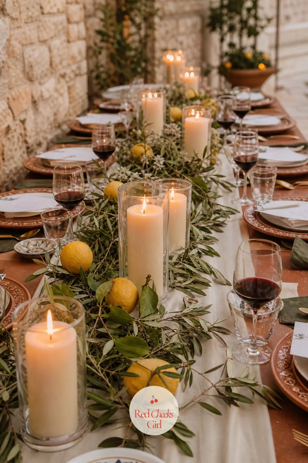 Pillar Candles, Lemons and Trailing Greenery — Once the runner is down, the table needs height and a reason to glow after sunset. Tuscan wedding