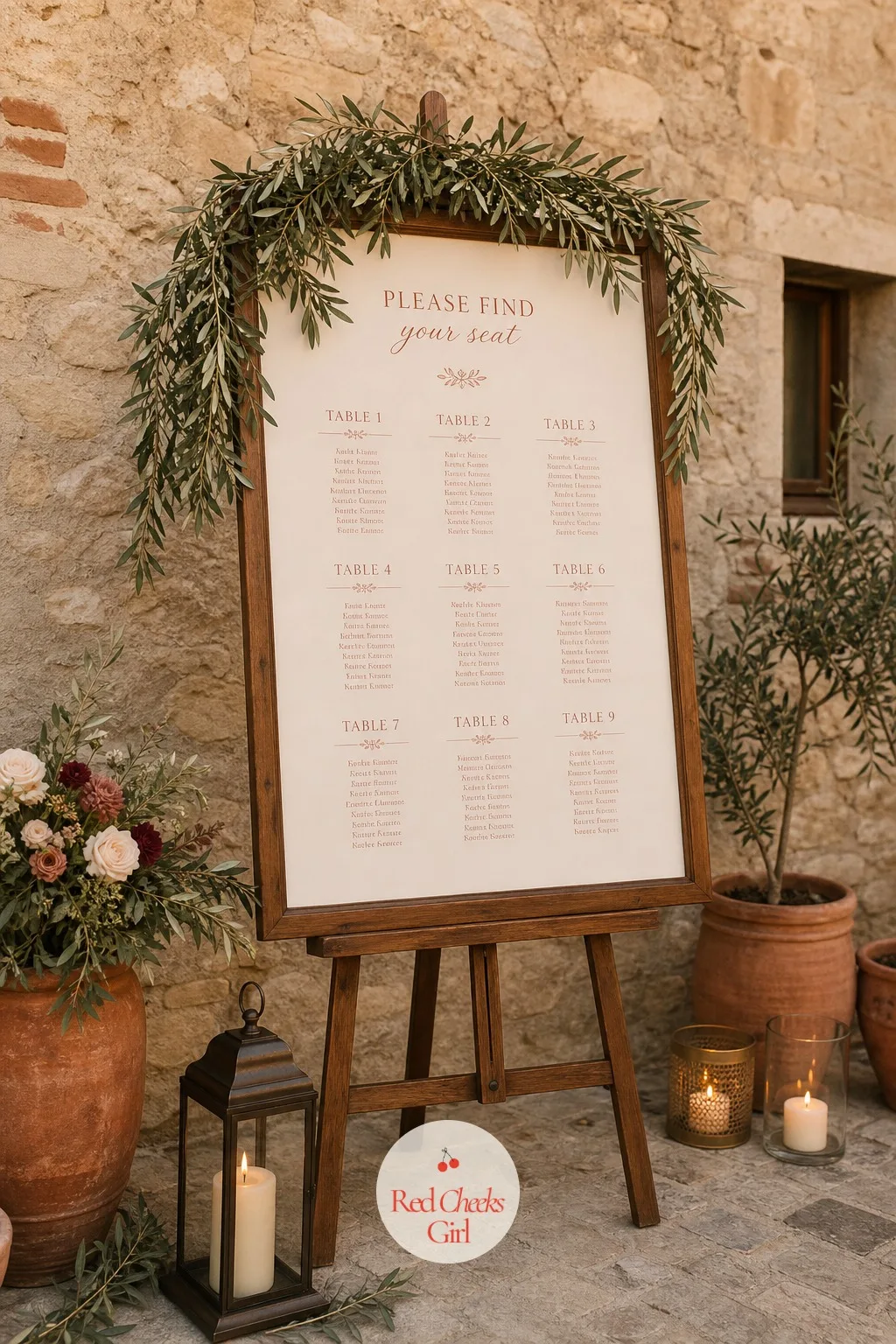 A Seating Chart Among Olive Branches — Somewhere between the welcome sign and the dinner table, guests need to find their names on a list, and this one hides