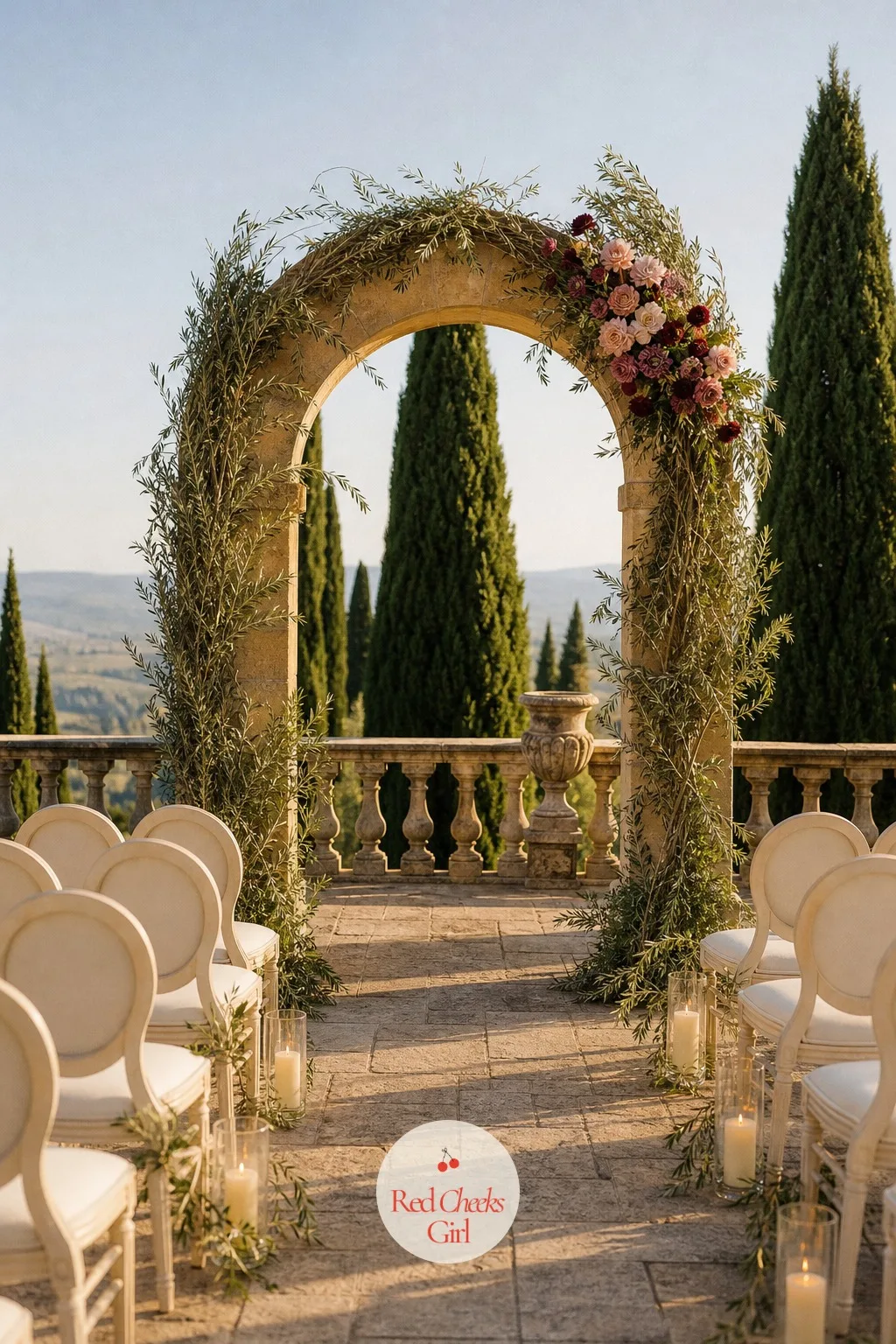 The Stone Arch Dressed With Olive Branches and Cypress — She says her vows under this, so it earns the biggest build in the whole wedding. Tuscan wedding