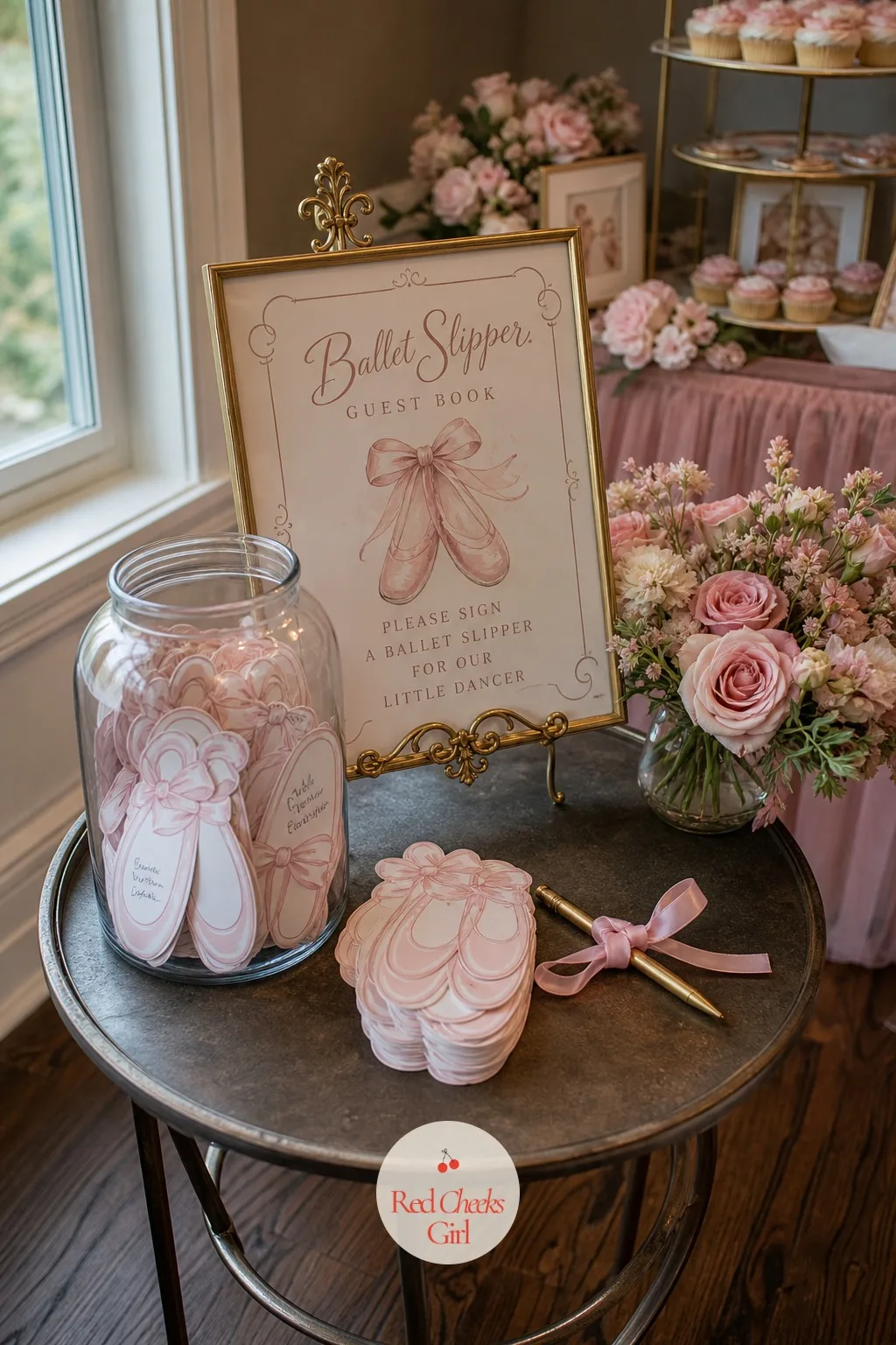 Ballet Slipper Guest Book Station — A blank guest book sits unopened at most showers because nobody wants to be the first to write something generic. Tutu baby