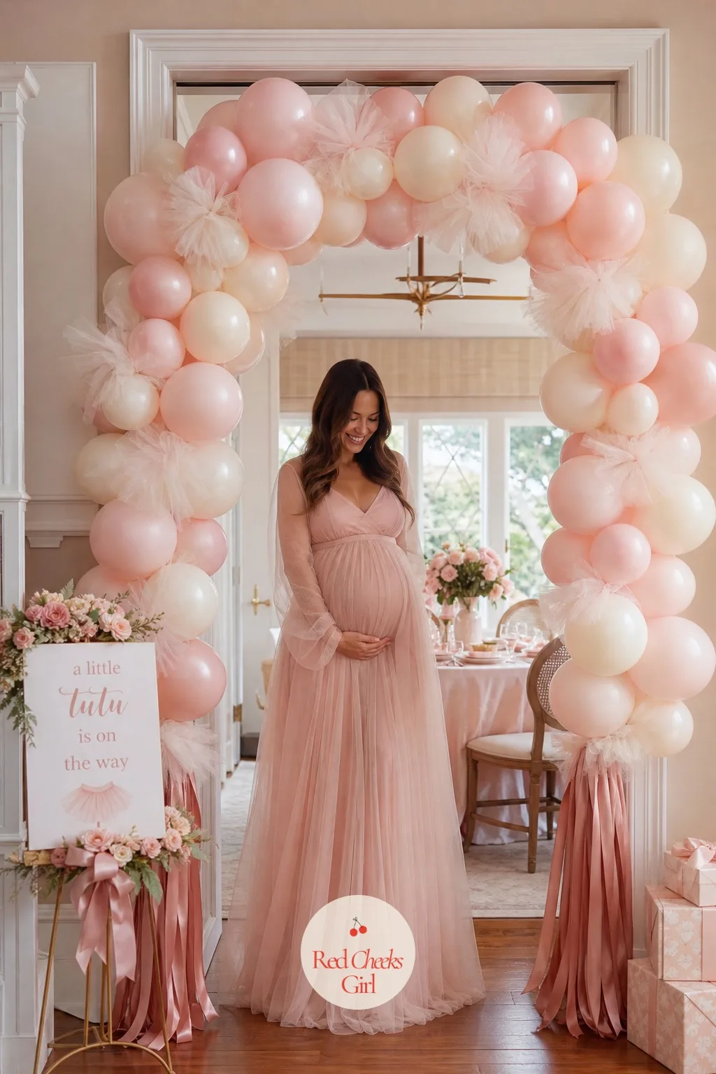 Blush and Ivory Tulle Balloon Arch — A full balloon arch sounds like a job for a professional, and sometimes it is. Tutu baby shower theme