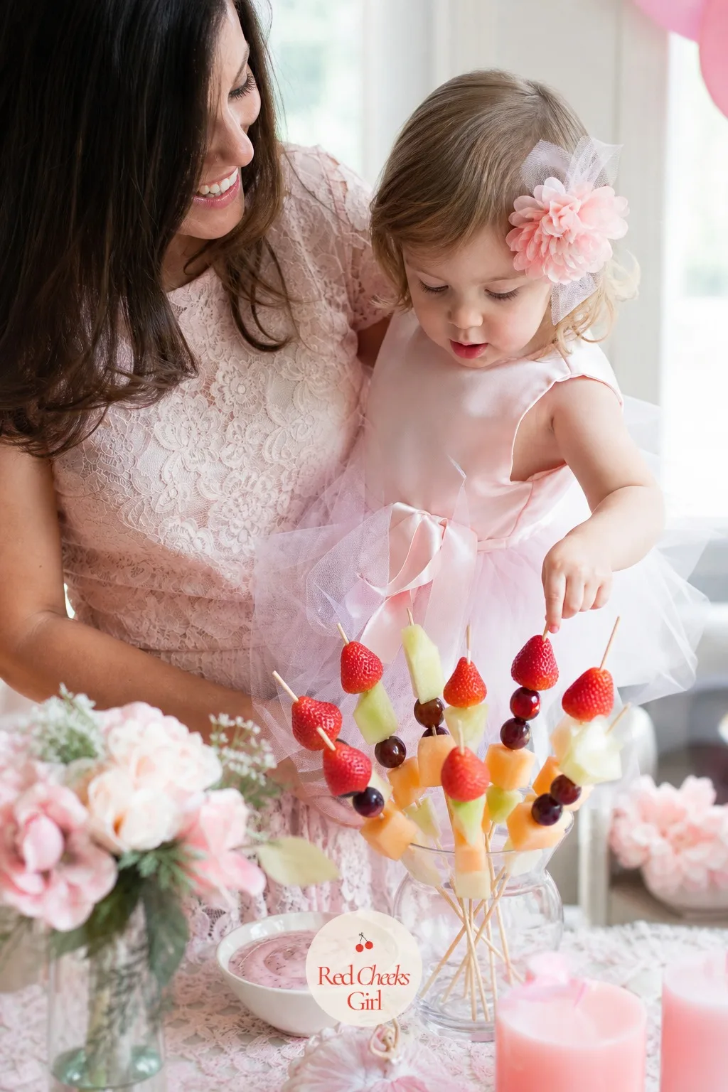 Fresh Fruit Skewers with Pink Poppyseed Dip — Somebody at every shower is pregnant, nursing, or just tired of frosting. Tutu baby shower theme
