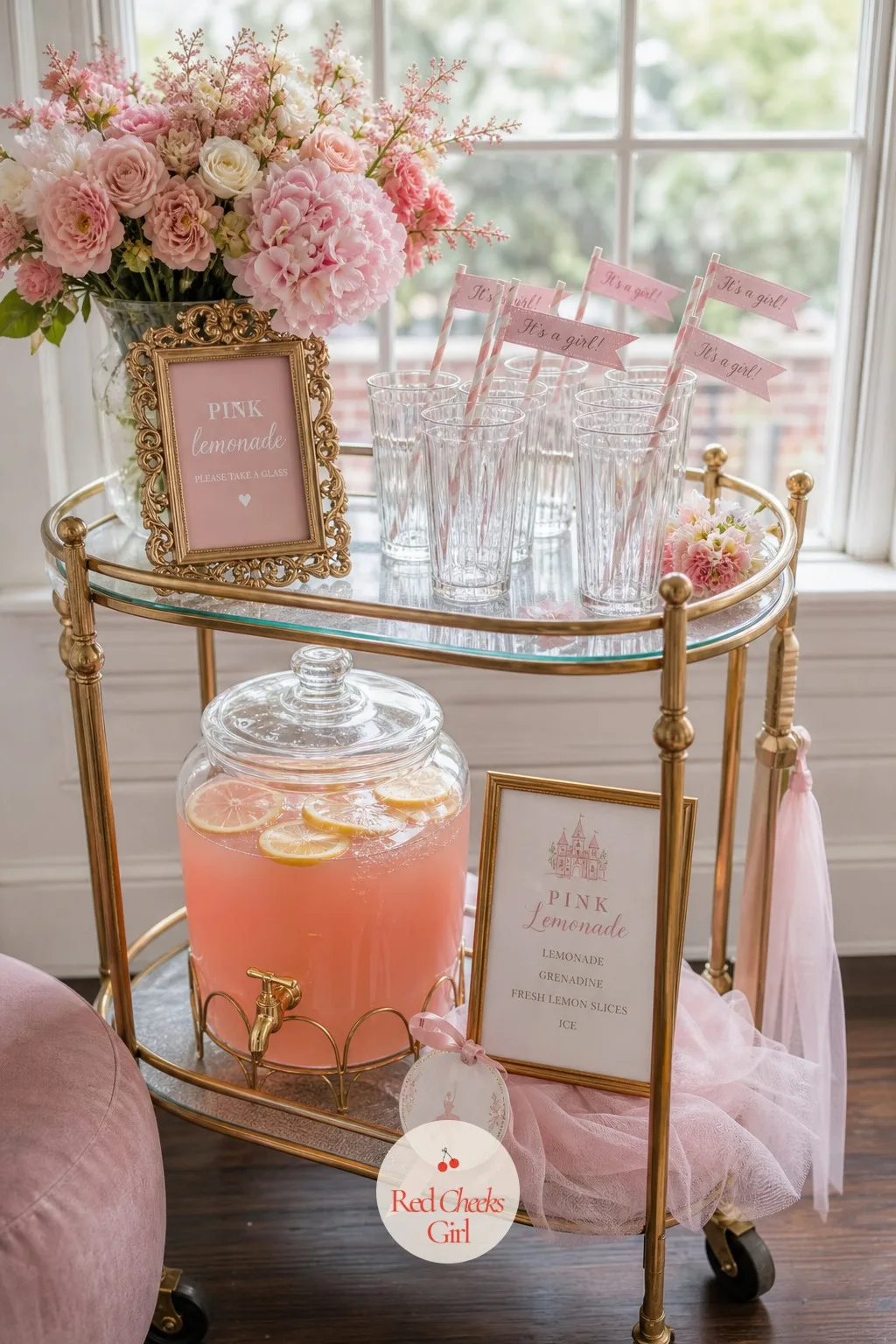 Pink Lemonade Bar Cart — A drinks table takes up more floor space than most small apartments can spare. Tutu baby shower theme