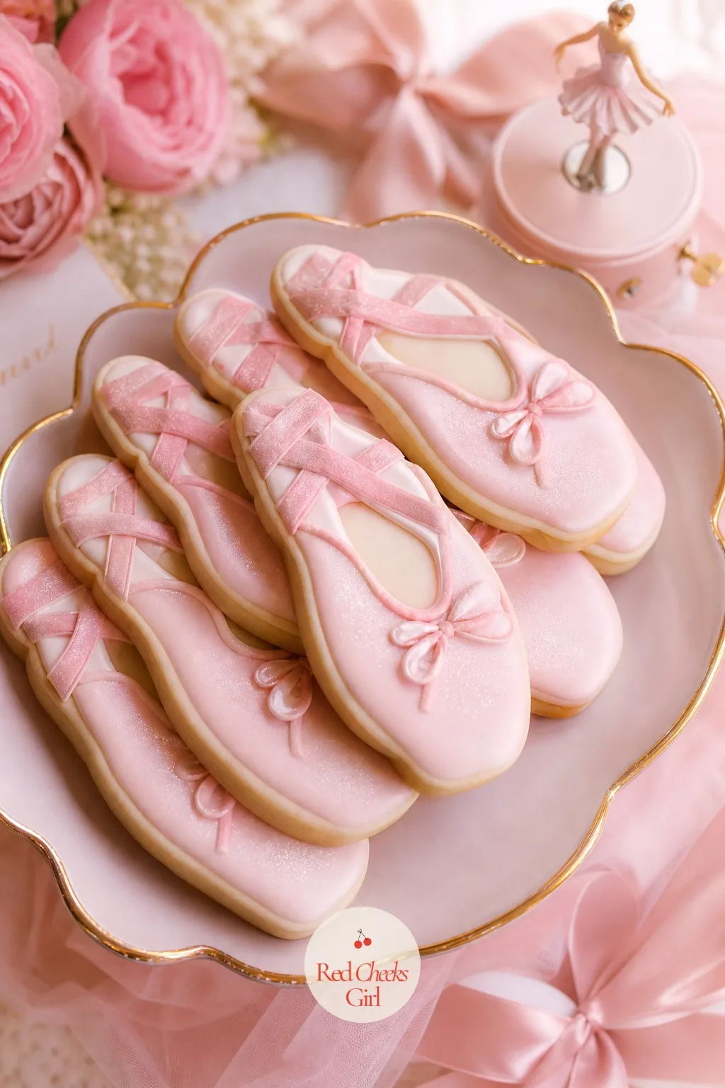 Pointe Shoe Cookies — These are the cookies people photograph before they eat, and they are easier to pull off than they look. Tutu baby shower theme