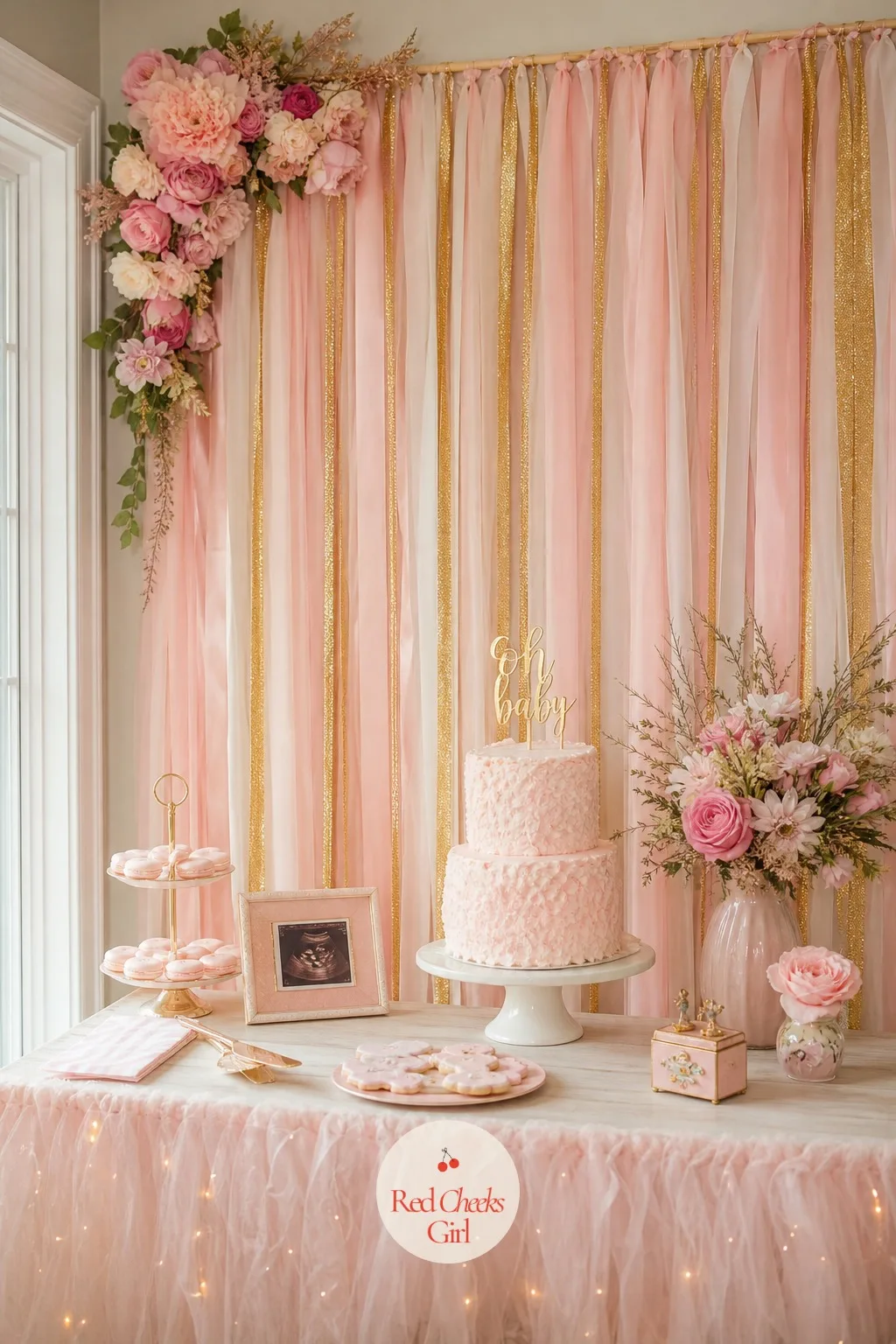 Ribbon and Tulle Streamer Backdrop — A blank wall behind the food table photographs as exactly that: a blank wall. Tutu baby shower theme