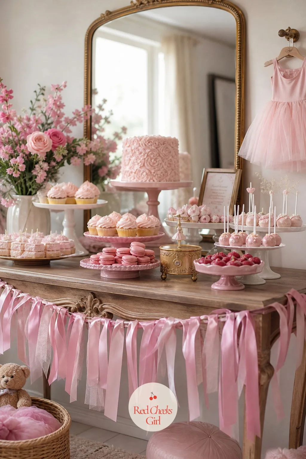 Tiered Pink Dessert Table — A dessert table only works when the eye has somewhere to land first, then somewhere to wander. Tutu baby shower theme