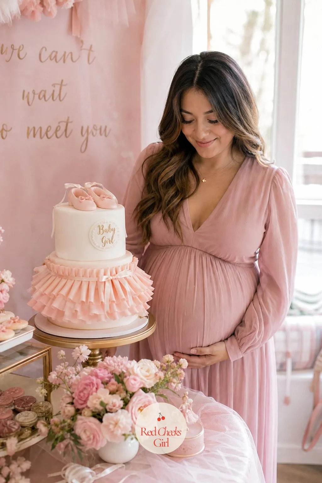 Tulle-Ruffled Ballet Cake — A plain pink cake reads as 'girl baby shower,' full stop. Tutu baby shower theme