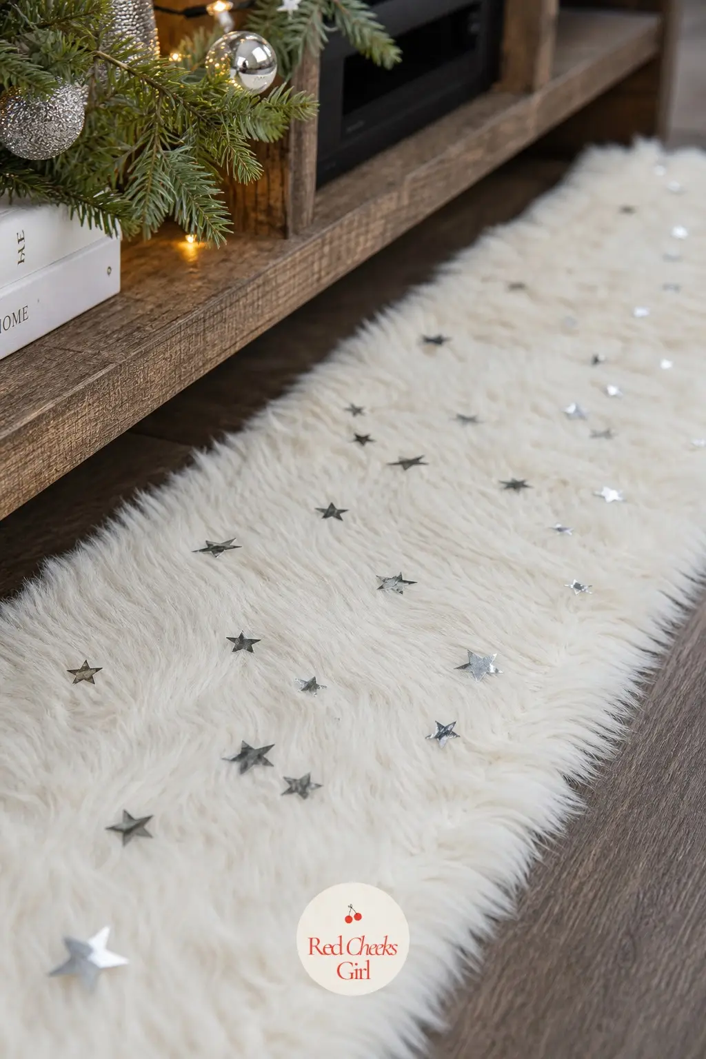 A Floor Level Ivory Faux Fur Runner Scattered With Silver Star Confetti — A narrow strip of ivory faux fur lies flat along the base of the stand like a short