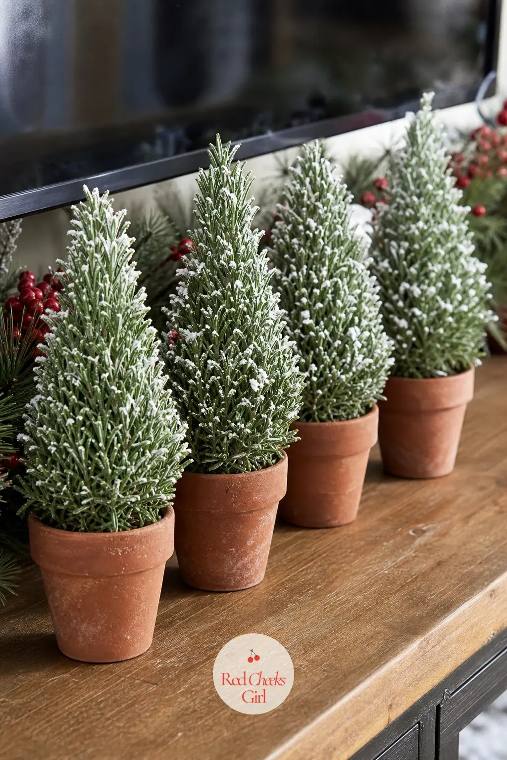A Line of Mini Terracotta Pots Holding Rosemary Topiaries Dusted With Faux Snow — Four small terracotta pots, the kind sold for herb seedlings, each hold a