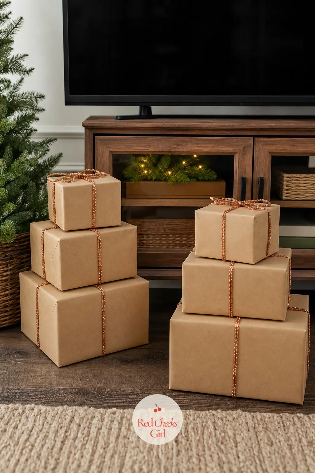 Twin Stacks of Wrapped Gift Boxes in Kraft Paper and Copper Twine as Pedestals — Three empty boxes wrap in plain kraft paper and copper twine, stacked largest