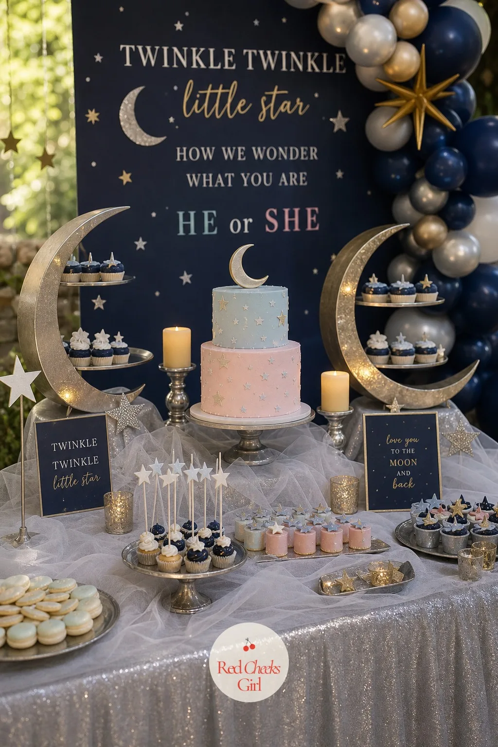 The Cloud and Moon Dessert Spread — A flat table of plates reads as a buffet. Twinkle twinkle gender reveal