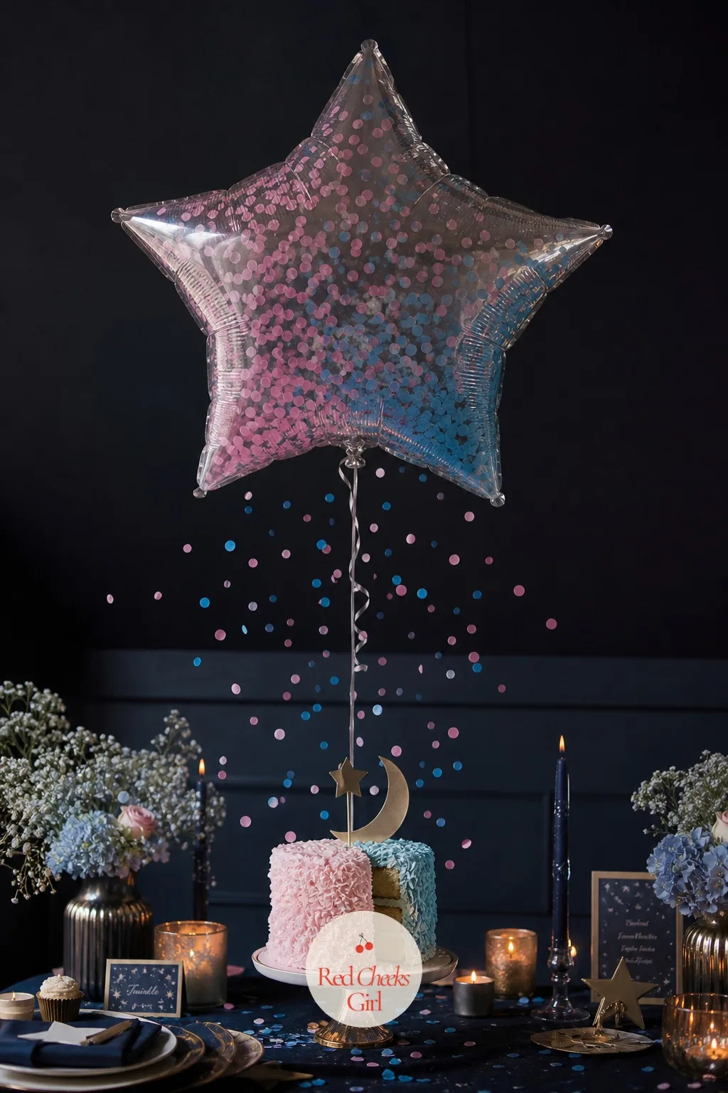 The Confetti Burst Star — This is the moment itself, so it hangs apart from the garland: one jumbo star balloon suspended directly above the cake table on a