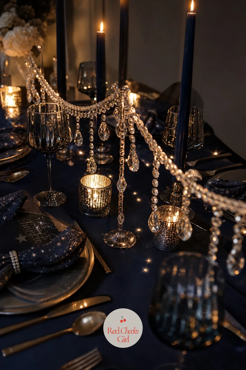 The Crystal Garland Runner — A bare table runner does nothing once the candles are lit. Twinkle twinkle gender reveal