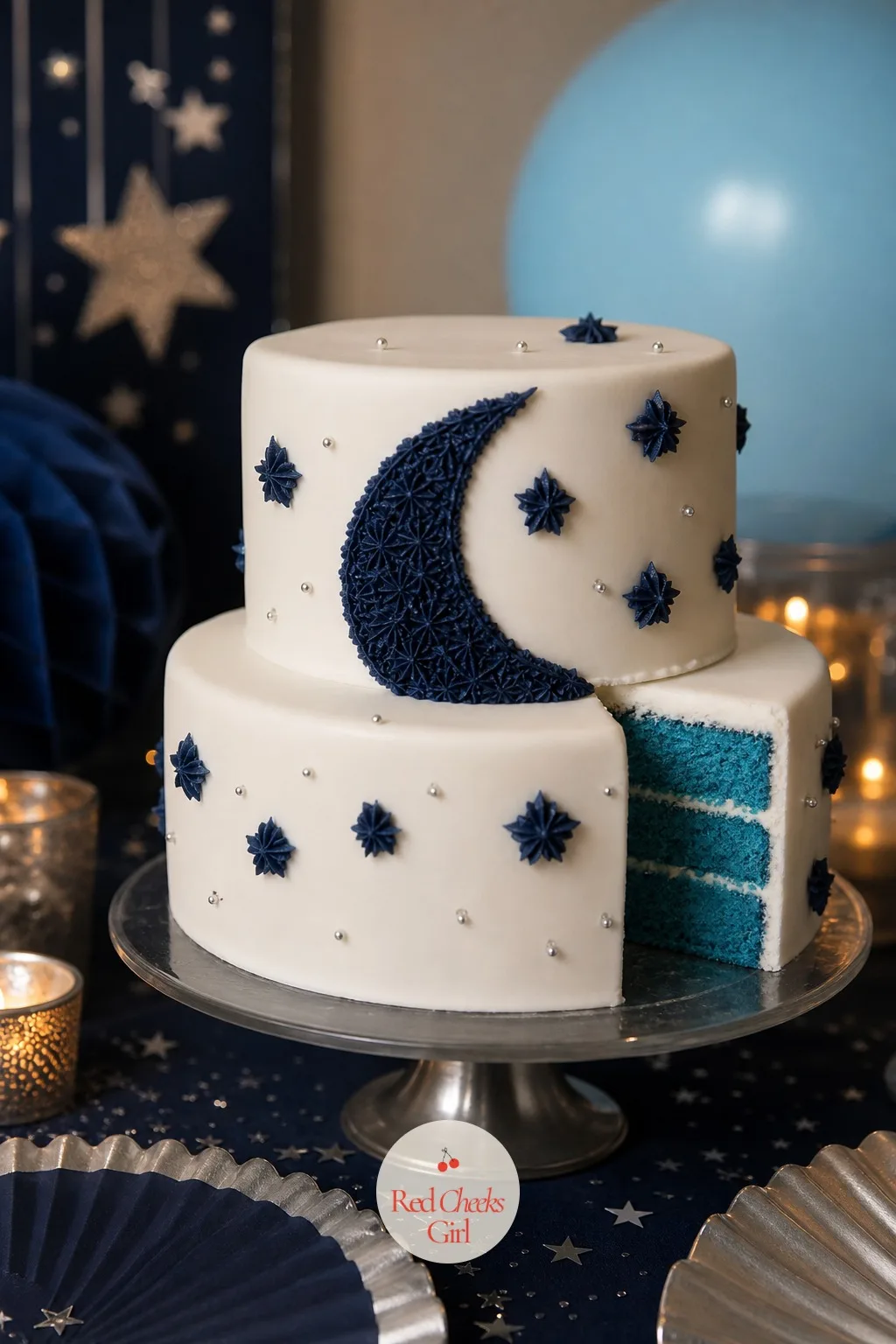 The Half-Moon Reveal Cake — This is the cake everyone actually waits for. Twinkle twinkle gender reveal