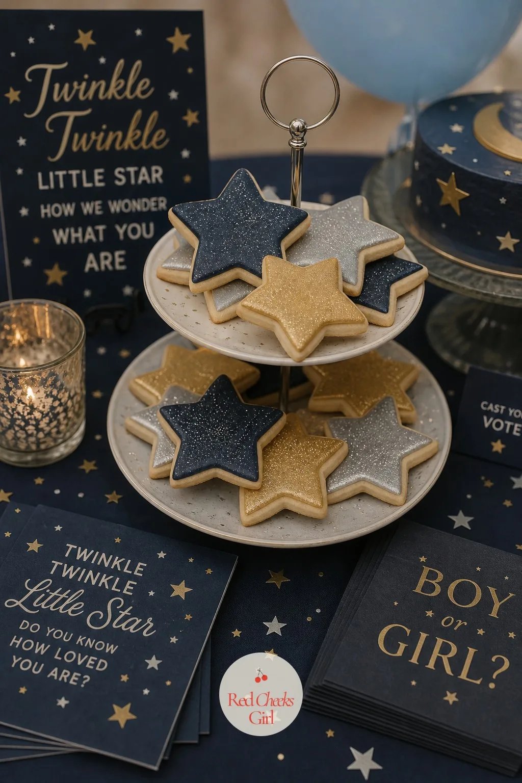 Iced Star Sugar Cookies — A plate of plain cookies disappears next to a decorated cake. Twinkle twinkle gender reveal