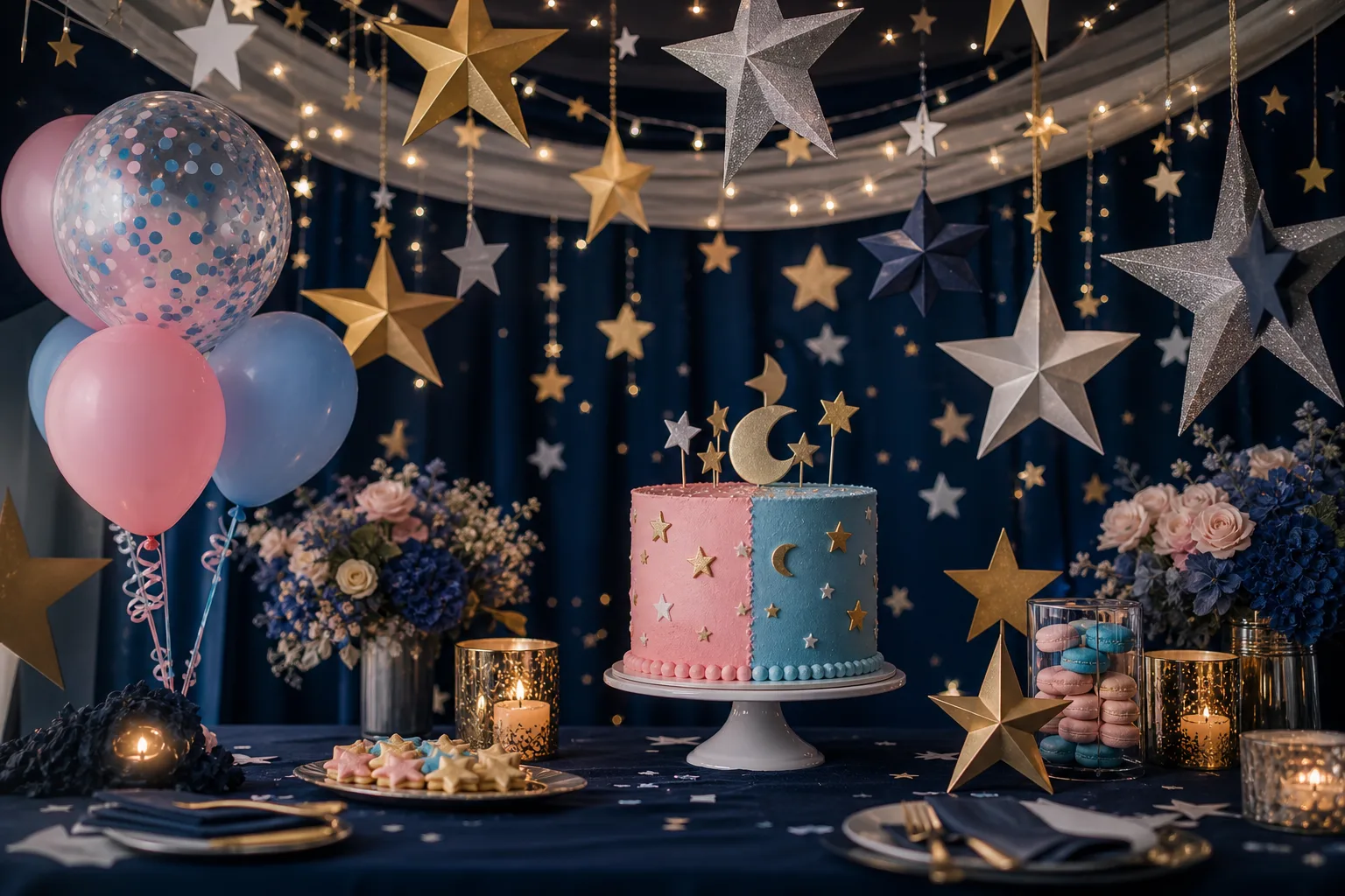 18 Twinkle Twinkle Gender Reveal Ideas Under a Ceiling Full of Paper Stars