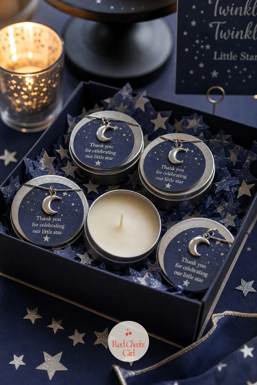 Mini Moon Phase Candle Favors — A sheet of stickers goes in a drawer and never comes out again. Twinkle twinkle gender reveal