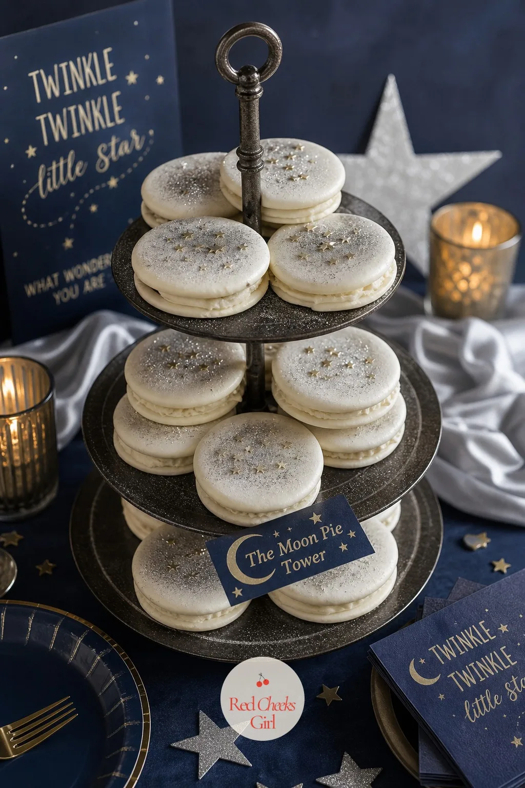 The Moon Pie Tower — Plain moon pies stacked flat on a plate disappear next to a decorated cake. Twinkle twinkle gender reveal