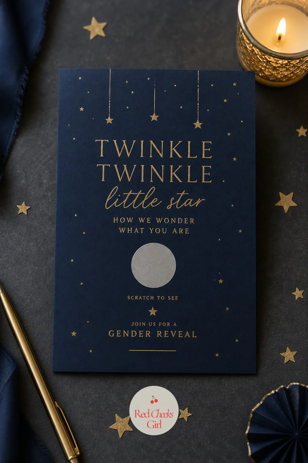 The Scratch-Off Night Sky Invitation — A plain printed invitation gives the whole surprise away in the mailbox. Twinkle twinkle gender reveal