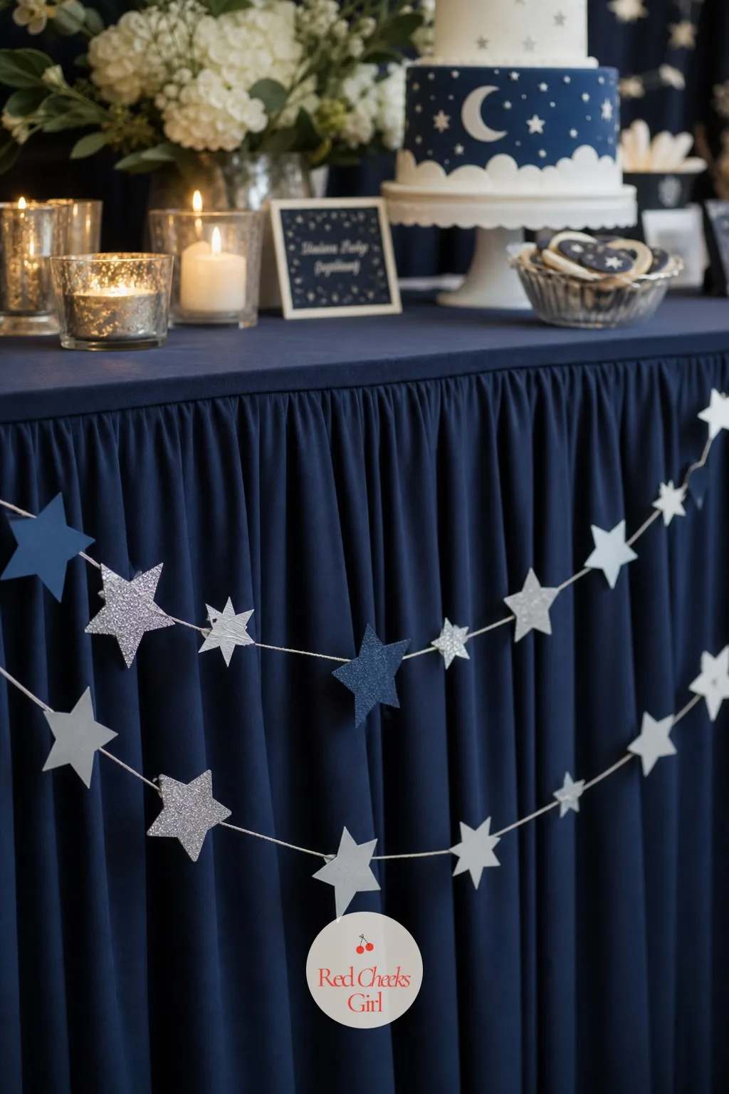 Star Garland Swags — The ceiling installation is the showpiece, but the edges of the room need something too, or they read as unfinished against all that