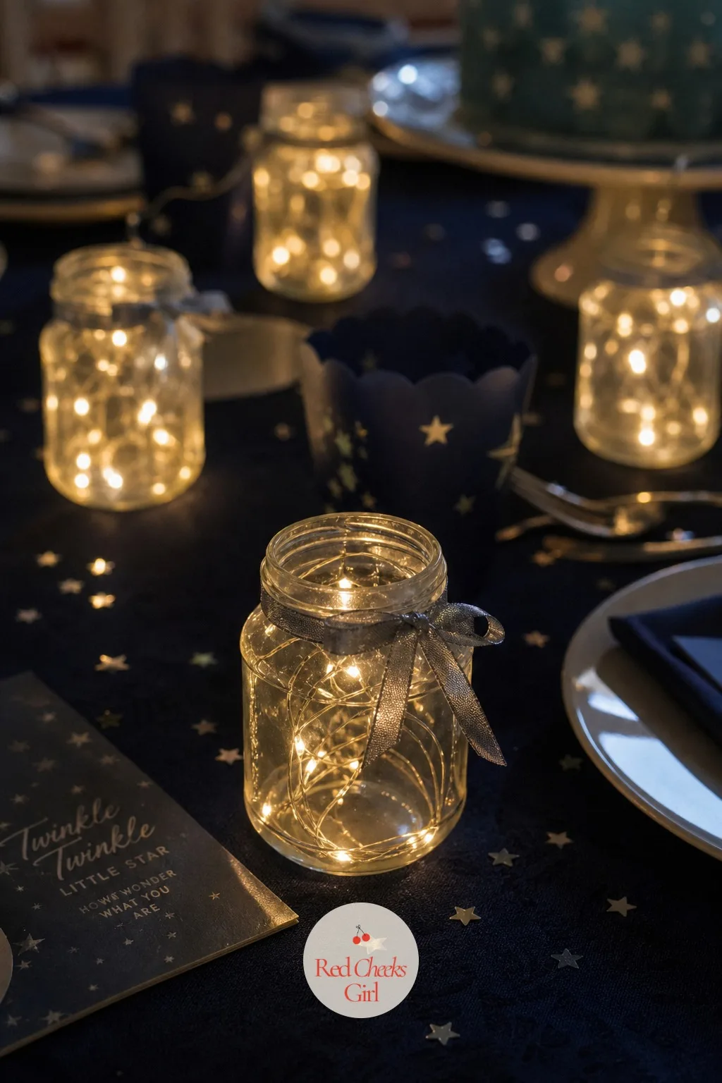 Twinkle Light Table Jars — Fairy lights strung along a ceiling edge get lost in a big room. Twinkle twinkle gender reveal