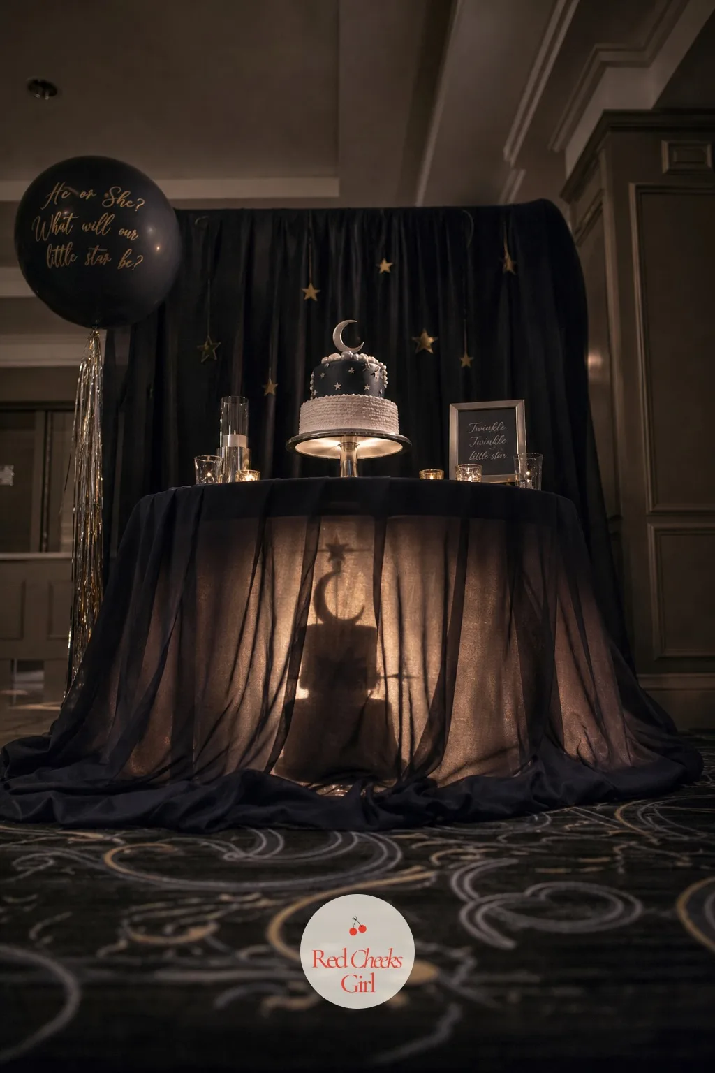 The Uplit Cake Table — A cake on a plain cloth looks like dessert. Twinkle twinkle gender reveal