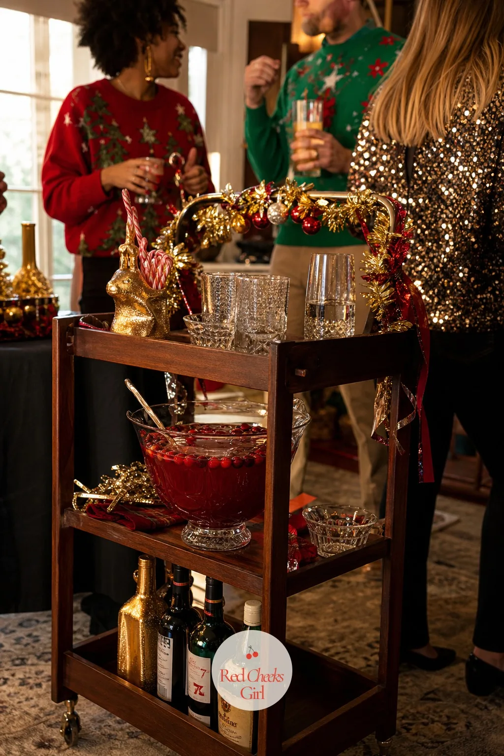 A Bar Cart Dressed As The Drinks Station With A Punch Bowl Centerpiece — A full bar takes a bartender nobody wants to be all night. Ugly christmas sweater