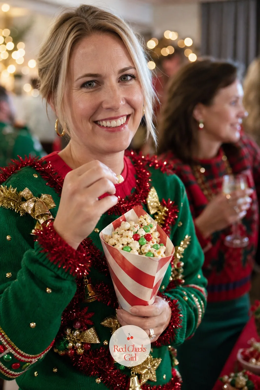 Jingle Bell Popcorn Mix — Popcorn alone is fine. Ugly christmas sweater party ideas