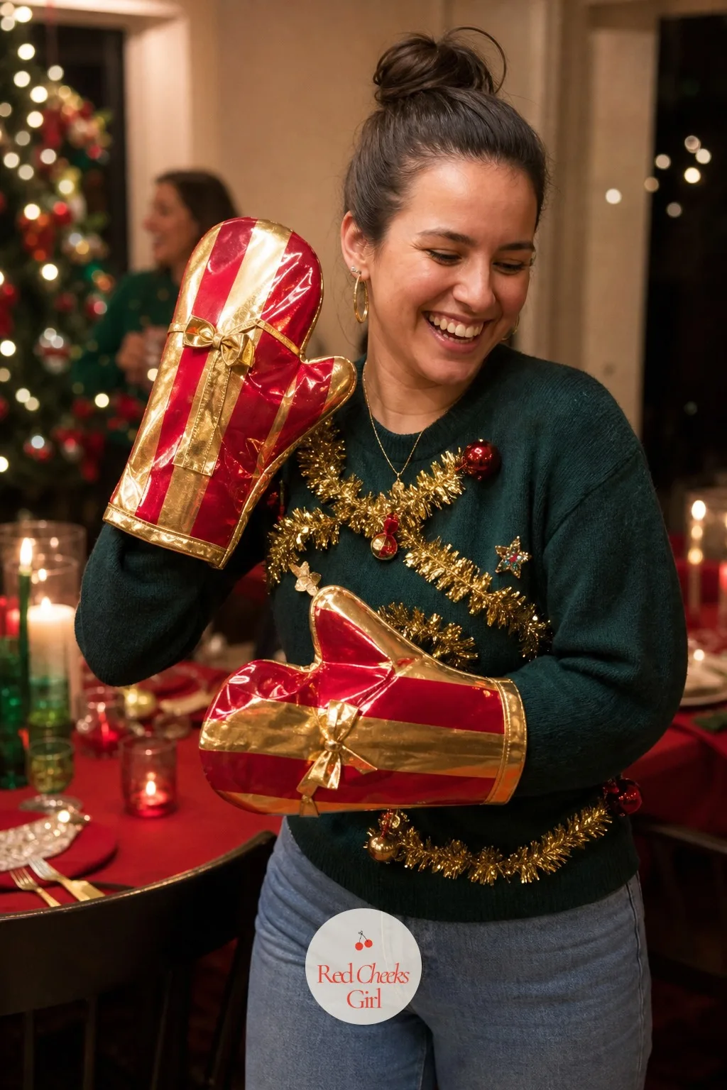 Oven Mitt Gift Wrap Relay — Pair guests up, hand each pair a small box, a roll of wrapping paper, tape and ribbon, and oversized oven mitts to wear on both