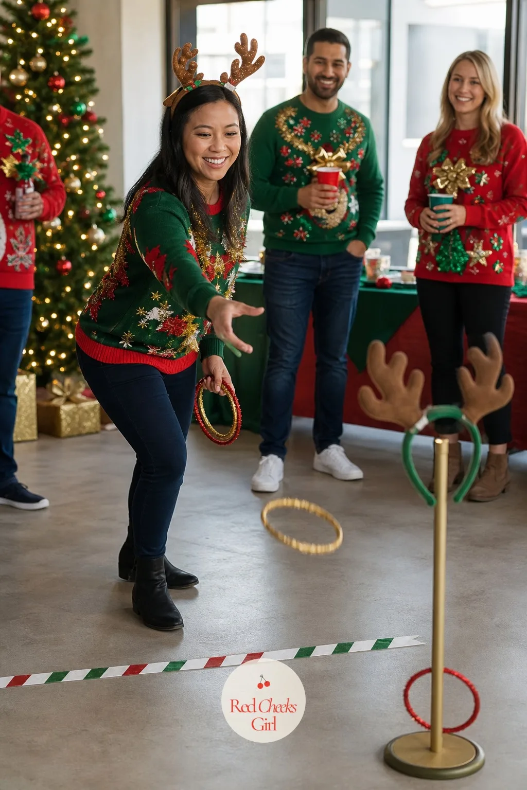 Reindeer Ring Toss — One volunteer wears a pair of antler headbands and stands still as the target. Ugly christmas sweater party ideas