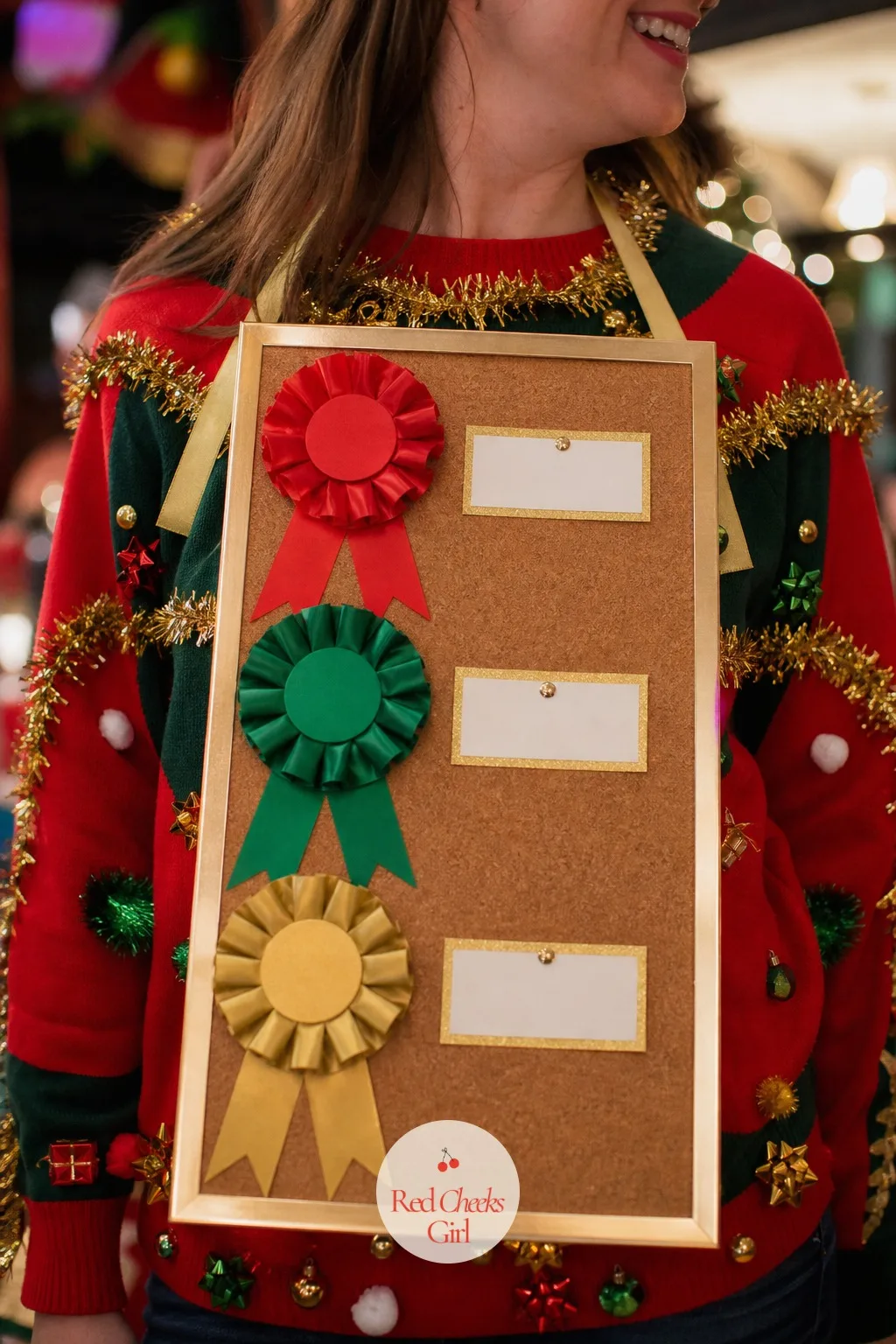 Ribbon Awards Board (Funniest, Most Festive, Most Over The Top) — One trophy for one sweater leaves everyone else feeling like they lost. Ugly christmas