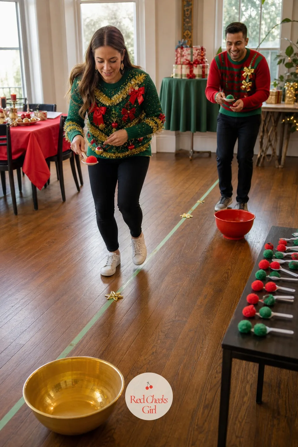 Sweater Pom-Pom Relay — Split the room into two teams and line them up facing a mixing bowl set at the far end of the space. Ugly christmas sweater party ideas