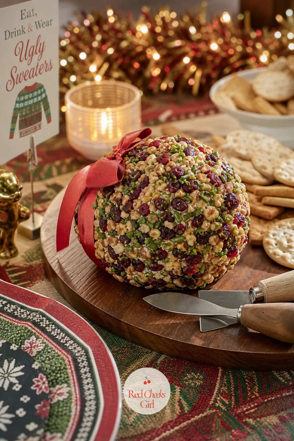 Tacky Sweater Cheese Ball — A plain cheese ball disappears into the background of any table. Ugly christmas sweater party ideas