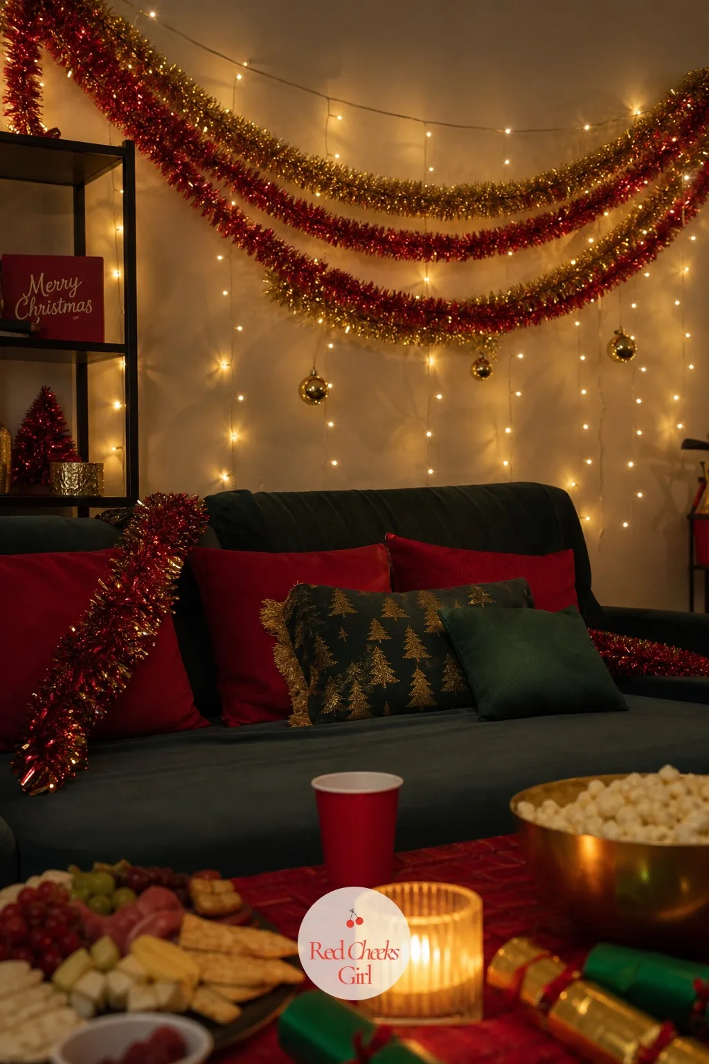 Tinsel Garland And Fairy Light Backdrop — A blank wall says nothing in a photo. Ugly christmas sweater party ideas