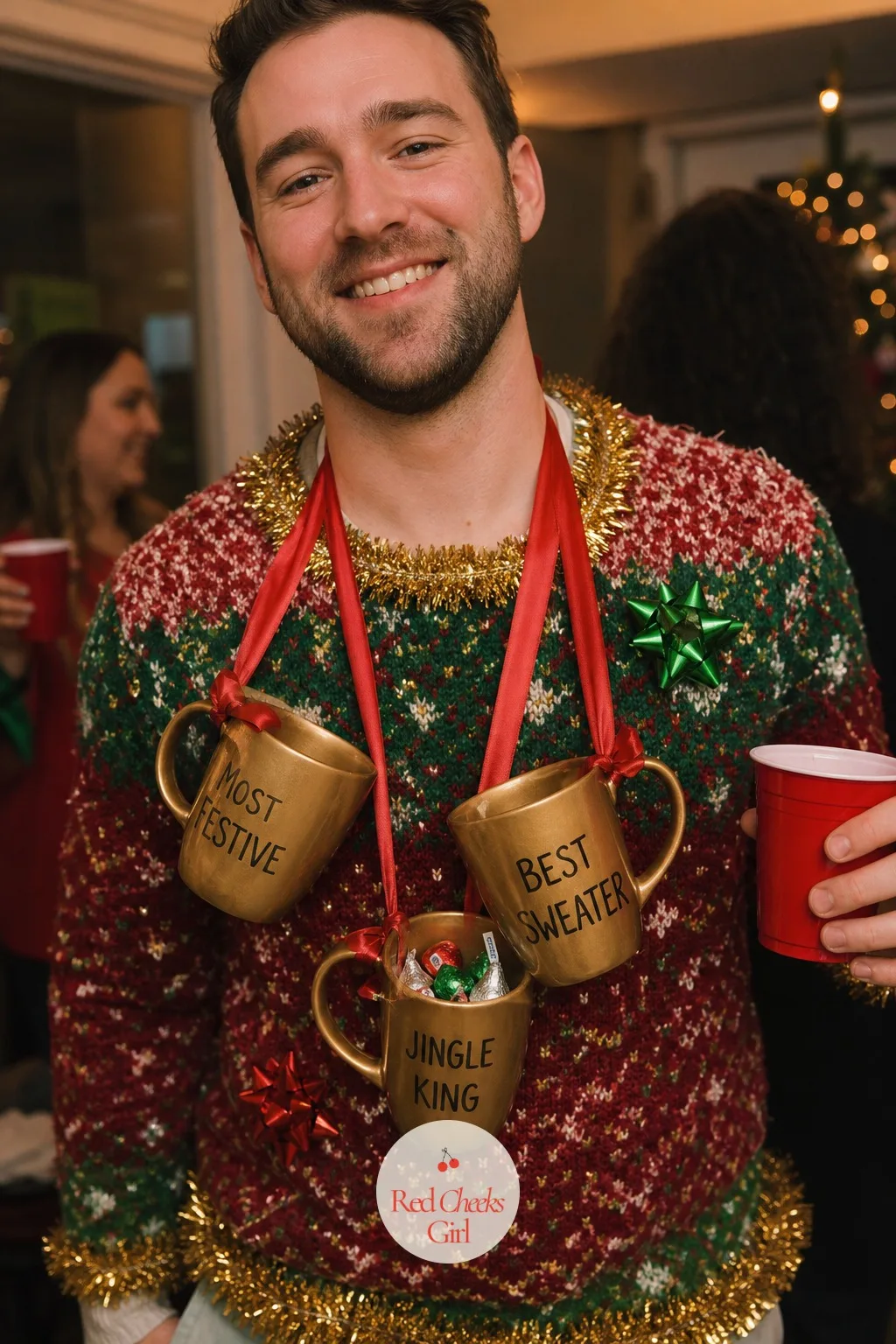 Trophy Cups Made From Gold-Painted Mugs — A gift card alone never gets photographed. Ugly christmas sweater party ideas
