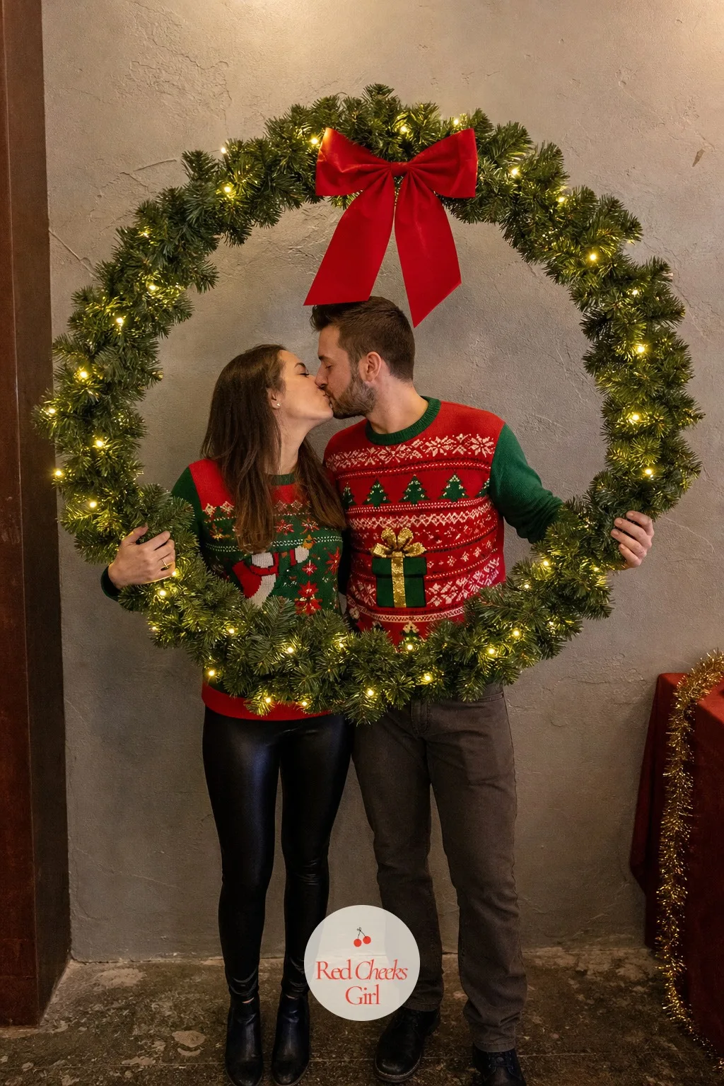 Wreath Hoop Frame To Pose Inside — A flat backdrop gets the same photo from every guest. Ugly christmas sweater party ideas